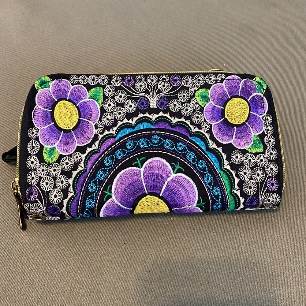 Embroidered Floral Crossbody Wallet - Purple